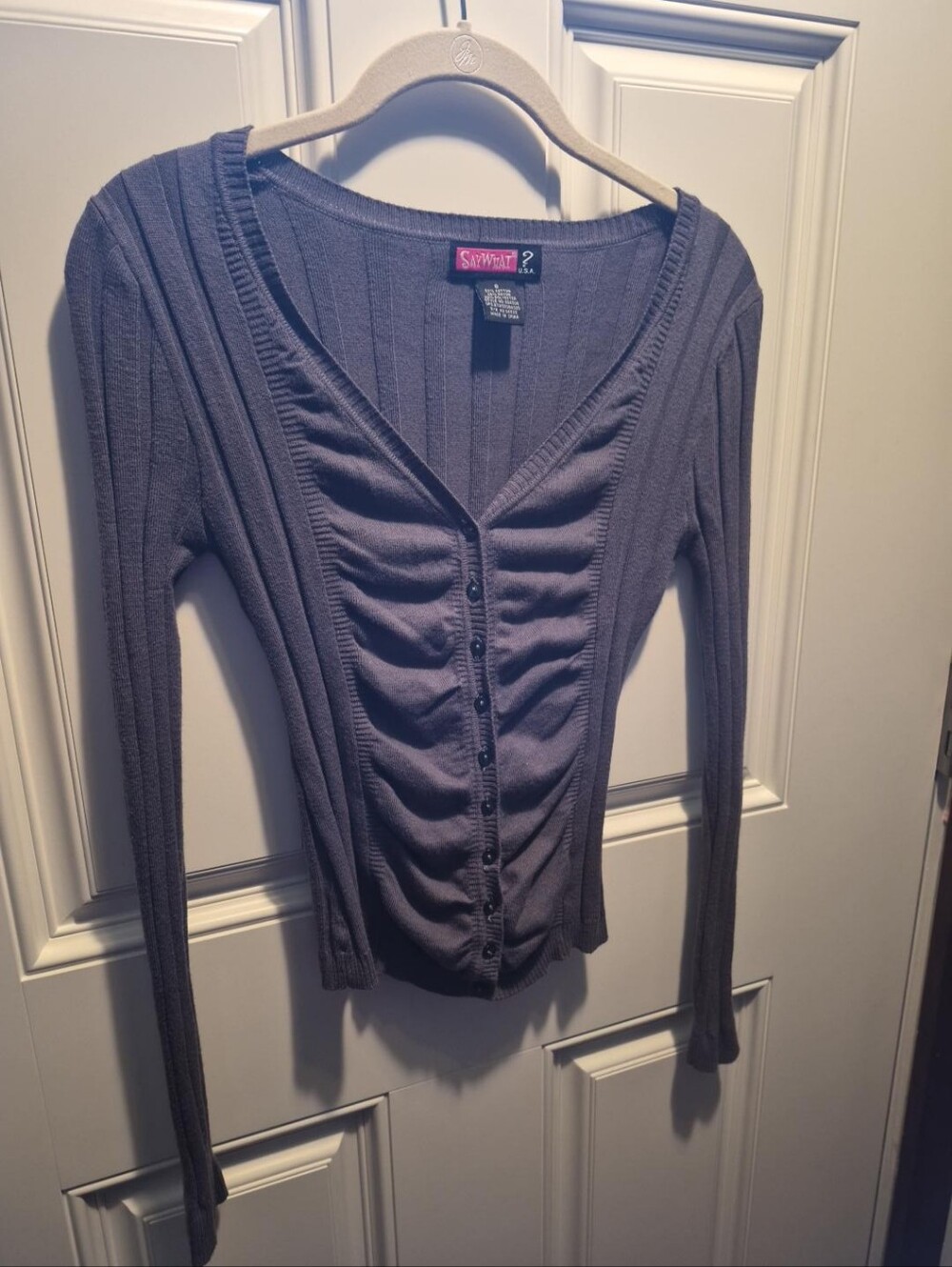 Say What? Olive Ribbed Ruched Button-Front Long Sleeve Top - Picture 2 of 7
